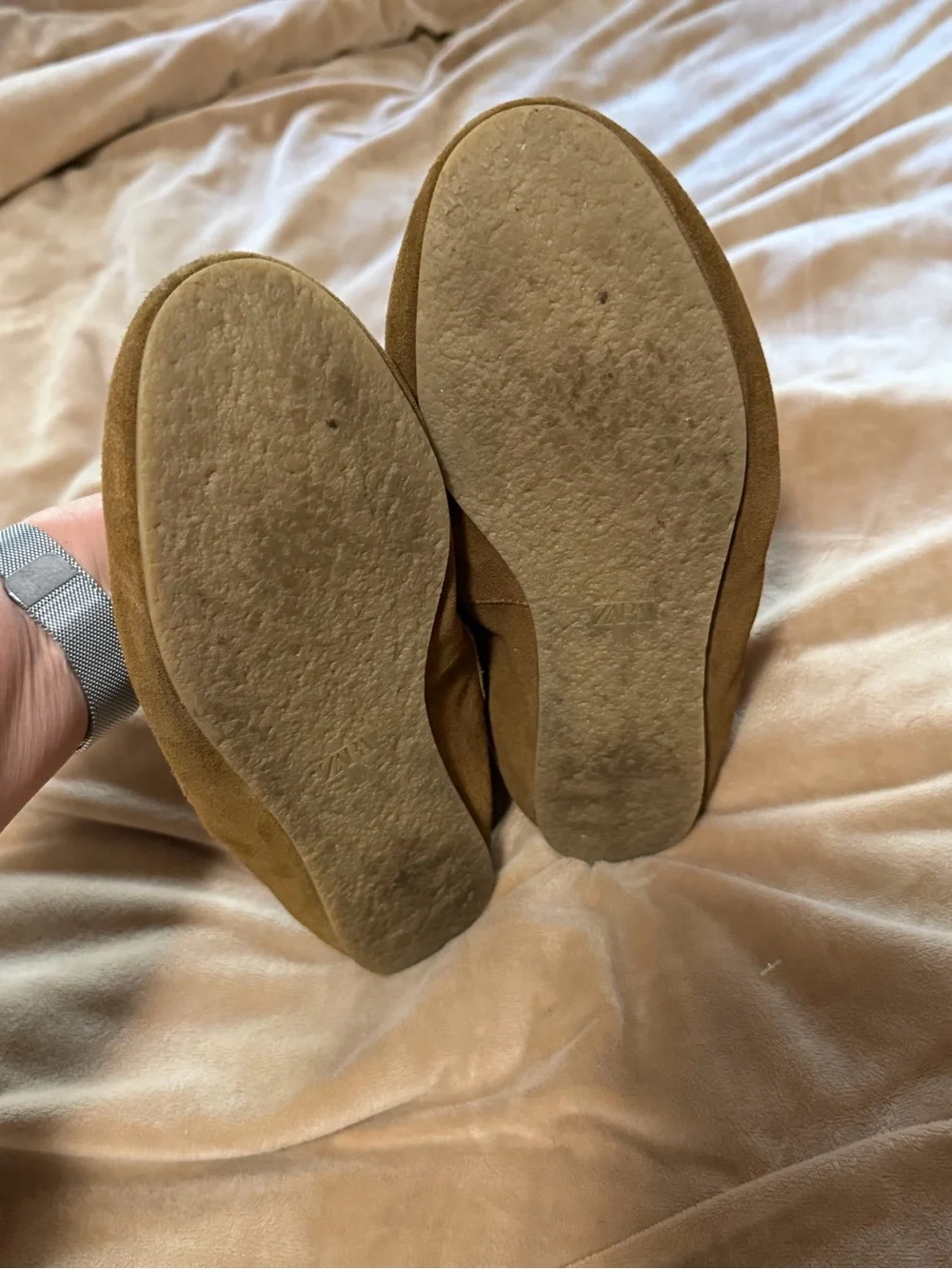 Zara Suede Moccasin Loafers in Olive Brown with Beaded Detail Women’s 40/10